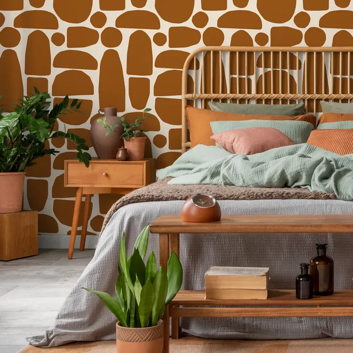 Abstract Wallpaper Featuring Organic Pebble Shapes In Terracotta Brown – C225