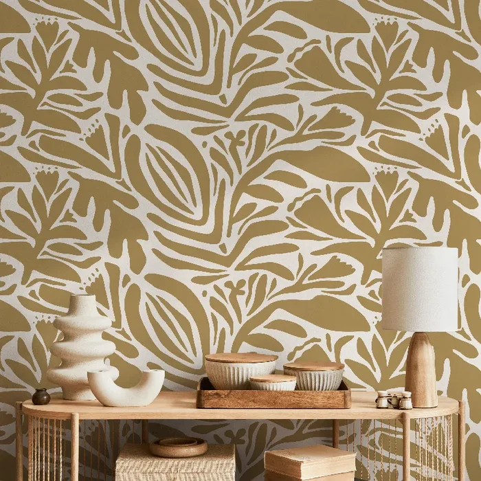 Abstract Wallpaper Featuring Stylized Botanicals In Mustard And Off-white – D702