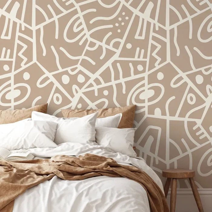 Abstract Wallpaper With A Bold Ethnic Line Art Motif In Beige And Cream – D552
