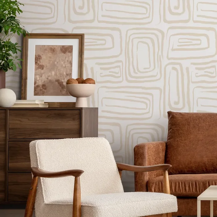 Abstract Wallpaper With A Brush Stroke Labyrinth In Beige – C641