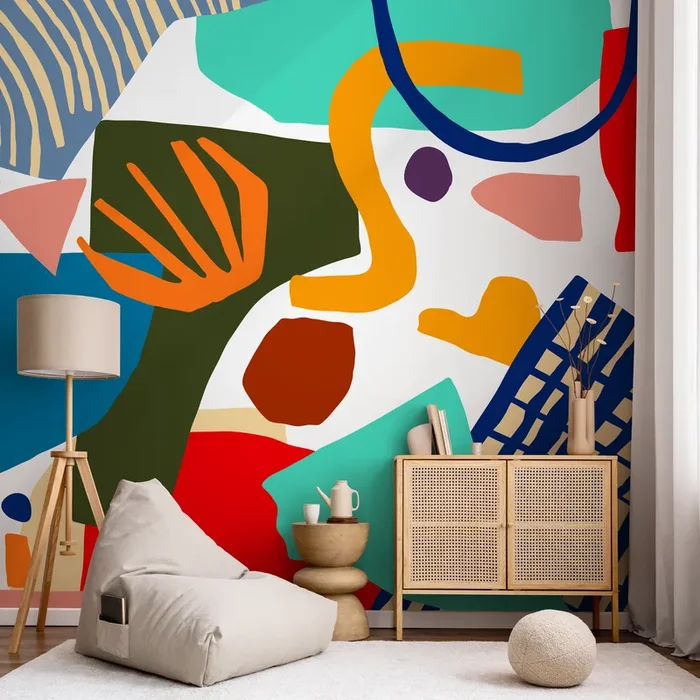 Abstract Wallpaper With A Collage Of Bold Shapes In Blue, Orange, And Yellow – B755