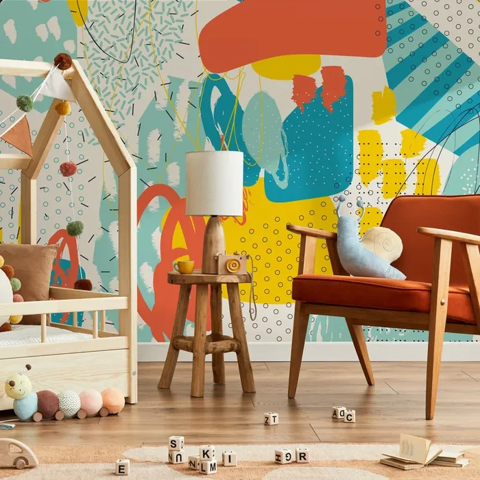 Abstract Wallpaper With A Colorful Collage Of Shapes In Orange, Yellow, And Blue – B090