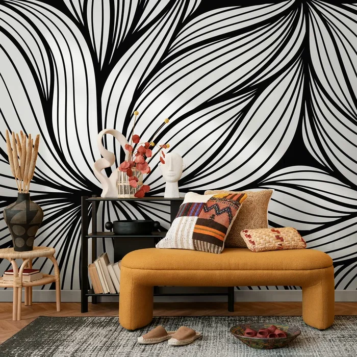Abstract Wallpaper With A Dynamic Linear Flow In Black And White – B853