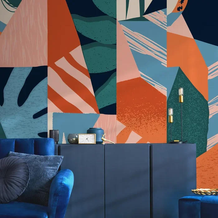 Abstract Wallpaper With A Modern Textured Collage In Terracotta, Blue, And Teal – B736