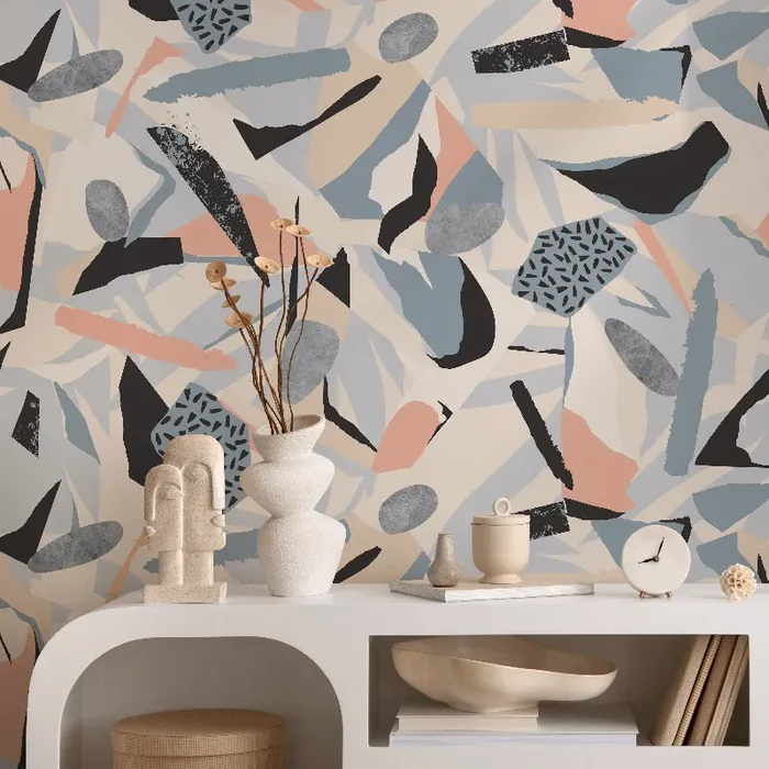Abstract Wallpaper With A Torn Paper Collage In Beige, Blue, And Black – B305
