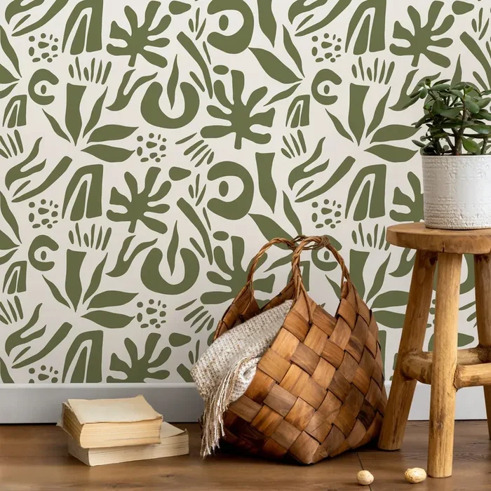 Abstract Wallpaper With Boho Botanical Cut-outs In Green – D690