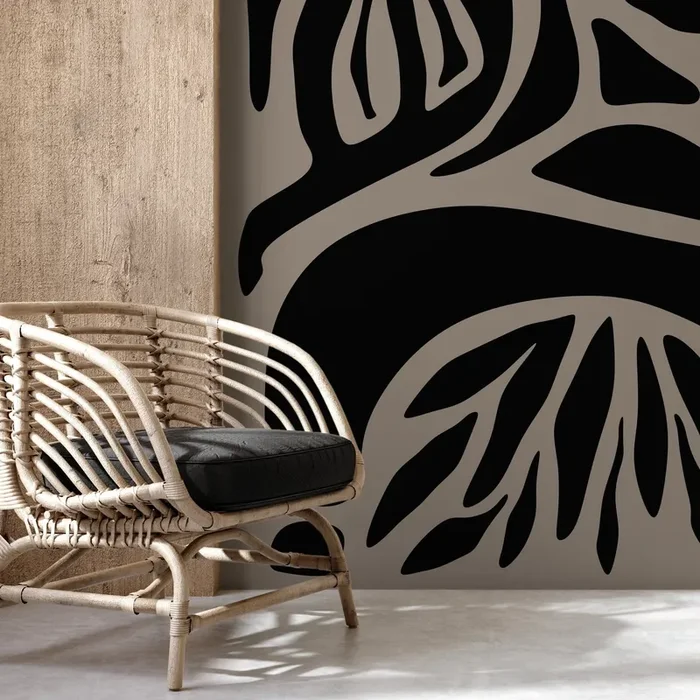 Abstract Wallpaper With Bold Botanical Forms In Black And Taupe – D634