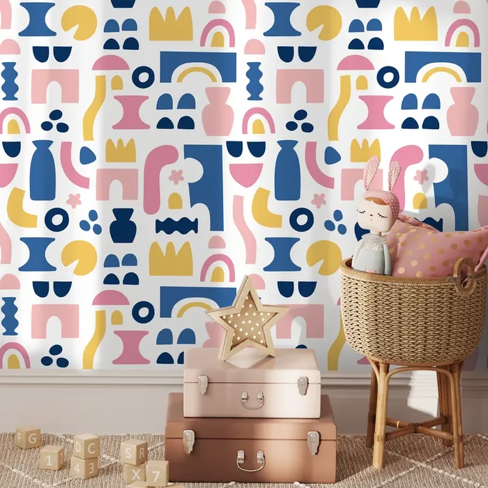 Abstract Wallpaper With Bold Cut-out Shapes In Blue, Pink, And Yellow – B760