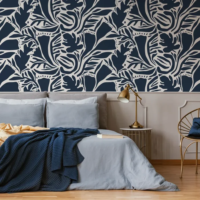 Abstract Wallpaper With Bold Leaf Cutouts In Navy And Cream – D640
