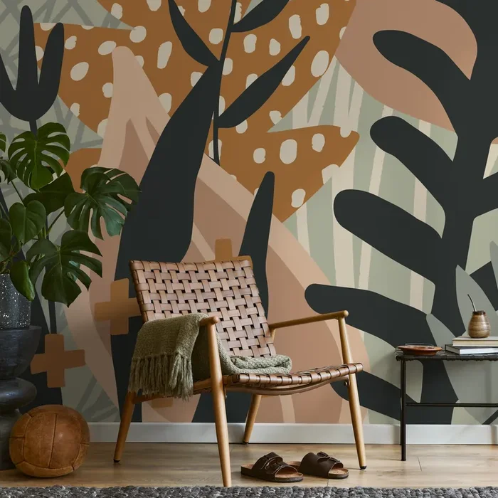 Abstract Wallpaper With Botanical Forms In Brown, Green, And Black – B874