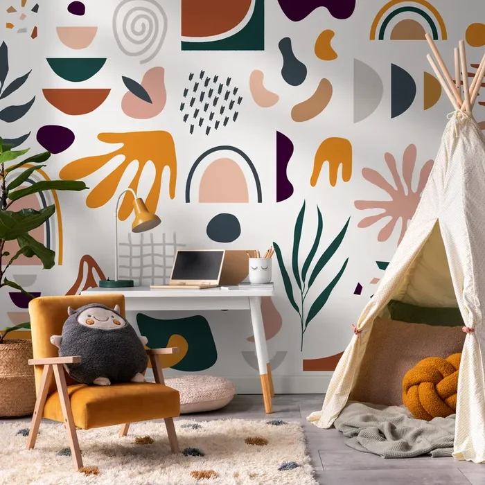 Abstract Wallpaper With Geometric And Organic Shapes In Mustard, Terracotta, And Teal – C069