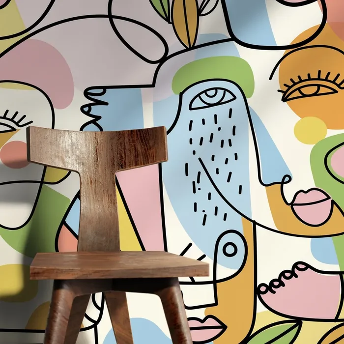 Abstract Wallpaper With Modern Line Art Faces In Blue, Pink, And Yellow – D557