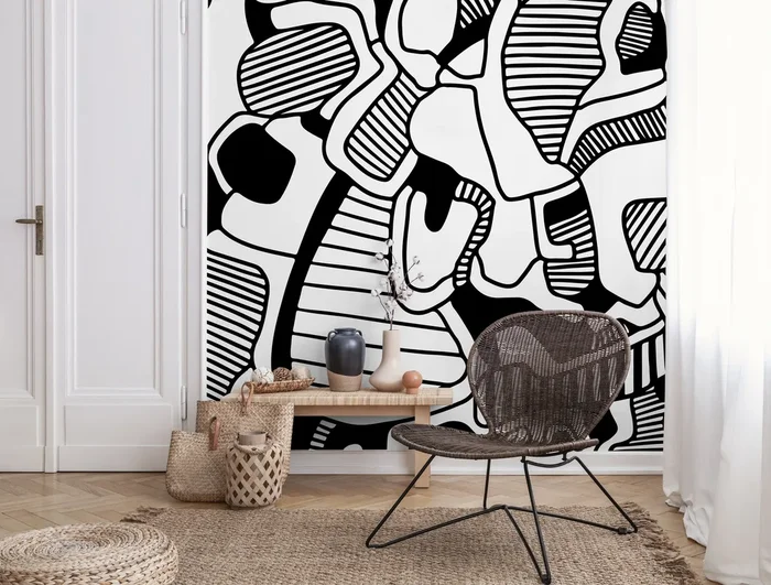 Abstract Wallpaper With Organic Line Art Forms In Black And White – X144