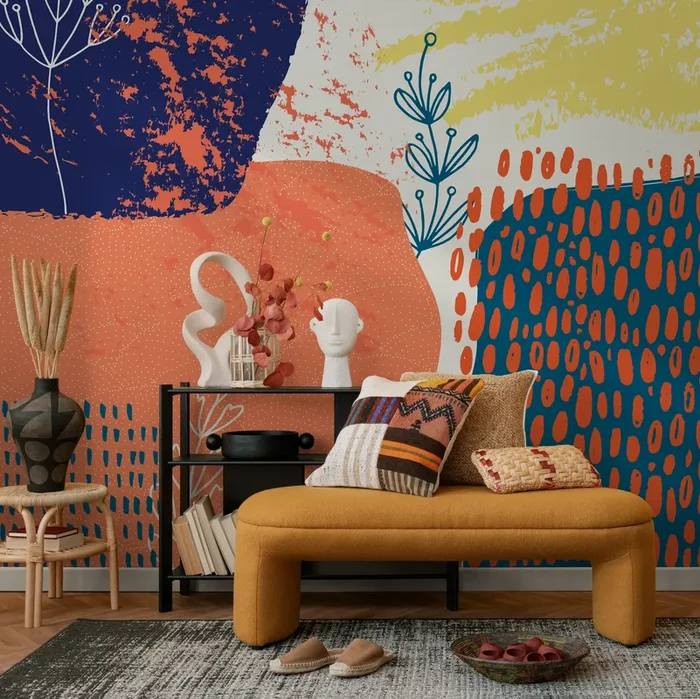 Abstract Wallpaper With Organic Shapes And Botanicals In Orange, Blue, And Yellow – A703