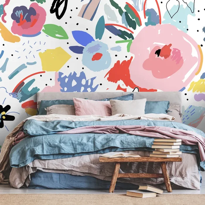 Abstract Wallpaper With Painterly Florals In Pink, Blue, And Red – B172