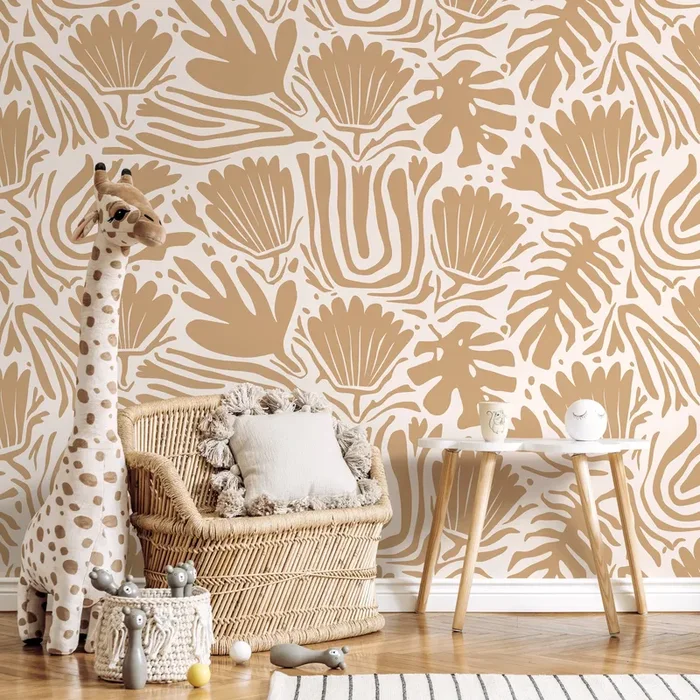 Abstract Wallpaper With Stylized Botanical Motifs In Tan – D659