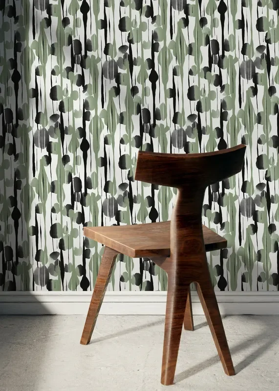 Abstract Wallpaper With Vertical Brushstroke Motifs In Black And Green – D537