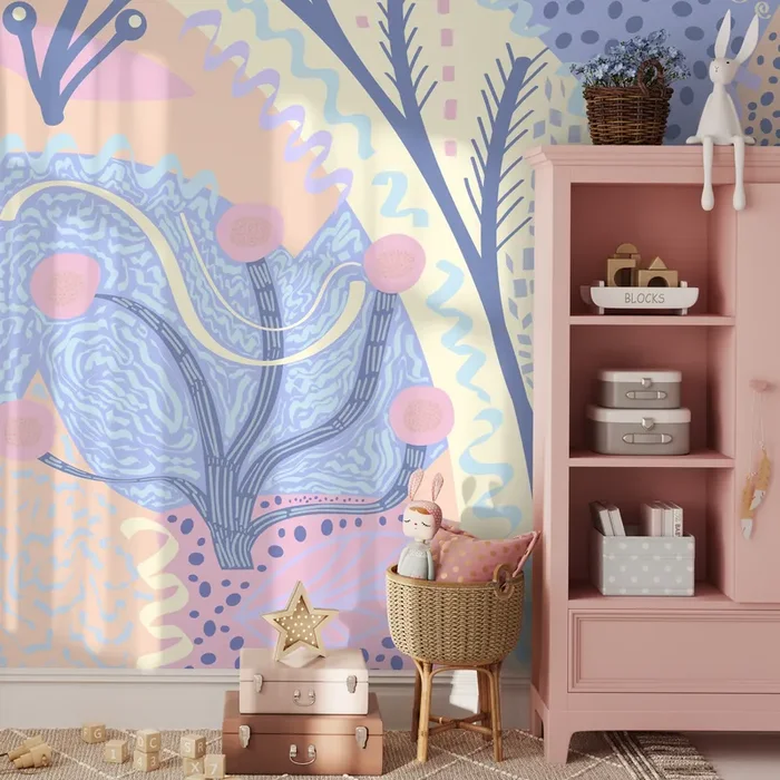 Abstract Wallpaper With Whimsical Shapes In Blue, Pink, And Yellow – B743
