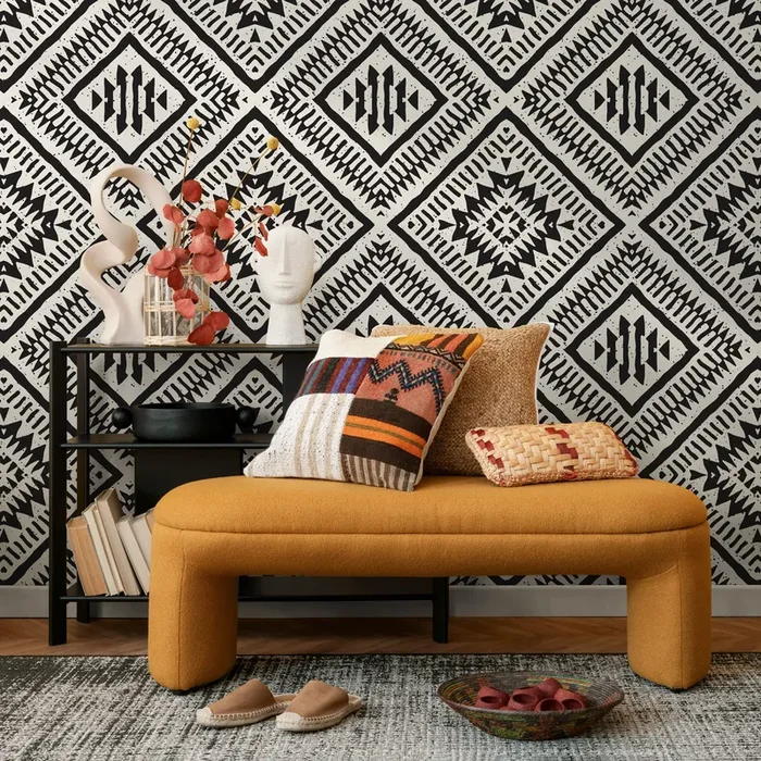 African Wallpaper With A Bold Tribal Diamond Motif In Black And White – C376