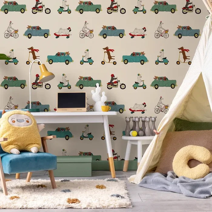Animal Wallpaper Featuring Dogs In Cars And Scooters In Teal And Red – Zace