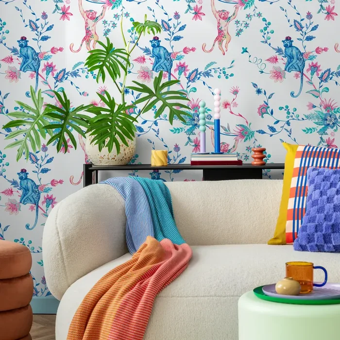 Animal Wallpaper With Monkeys And Floral Vines In Blue, Pink, And Teal – C796