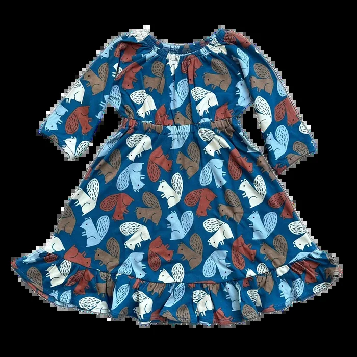 Apple Park – Organic Long Sleeve Twirl Dress – Squirrel Scurry