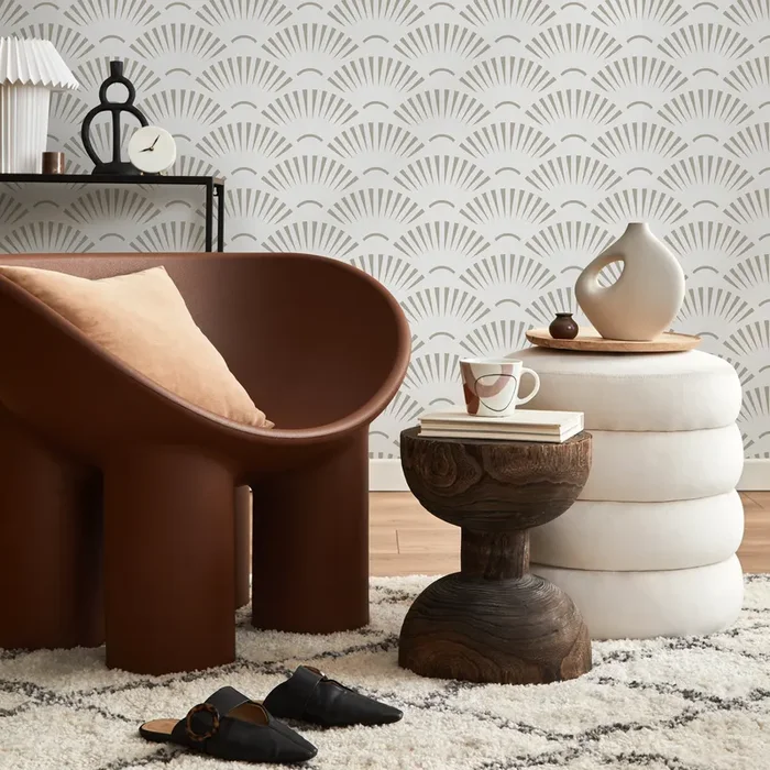 Art Deco Wallpaper With A Geometric Fan Motif In Beige – C574