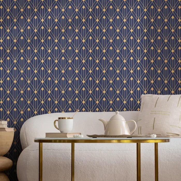 Art Deco Wallpaper With A Geometric Trellis Motif In Blue And Gold – B495