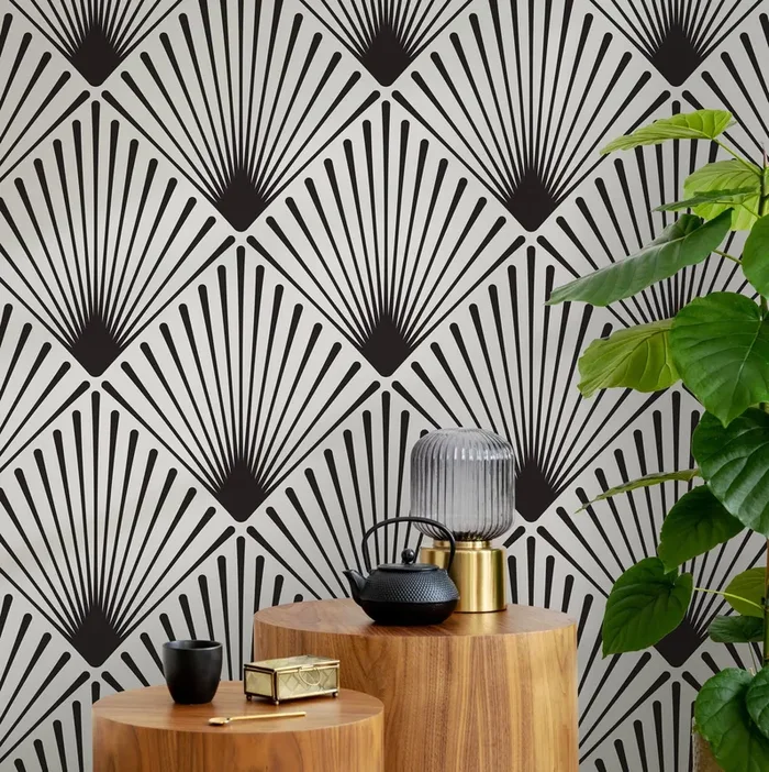 Art Deco Wallpaper With A Radiating Fan Motif In Black And Gray – B078