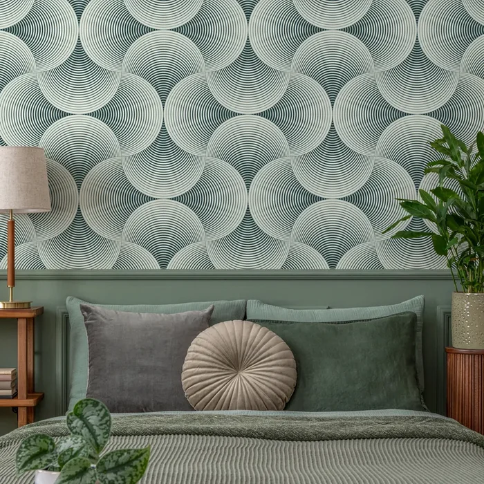 Art Deco Wallpaper With A Scalloped Fan Motif In Dark Teal And Cream – B560
