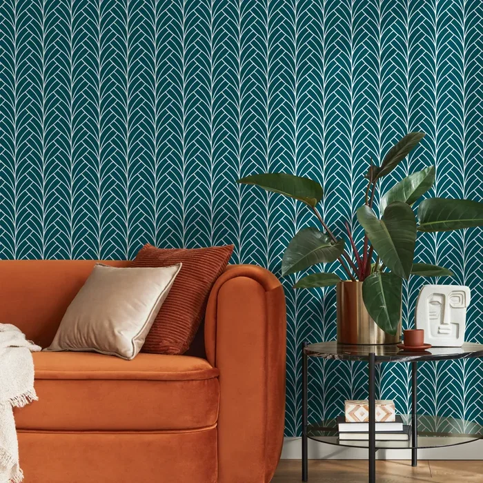 Art Deco Wallpaper With A Stylized Fan Leaf Motif In Teal And Silver – A929