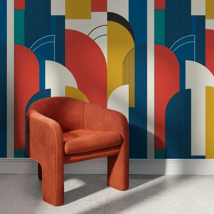 Art Deco Wallpaper With Bold Architectural Shapes In Blue, Red, And Yellow – D620