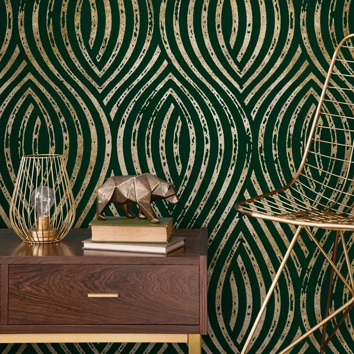 Art Deco Wallpaper With Distressed Gold Arches In Green And Gold – C878