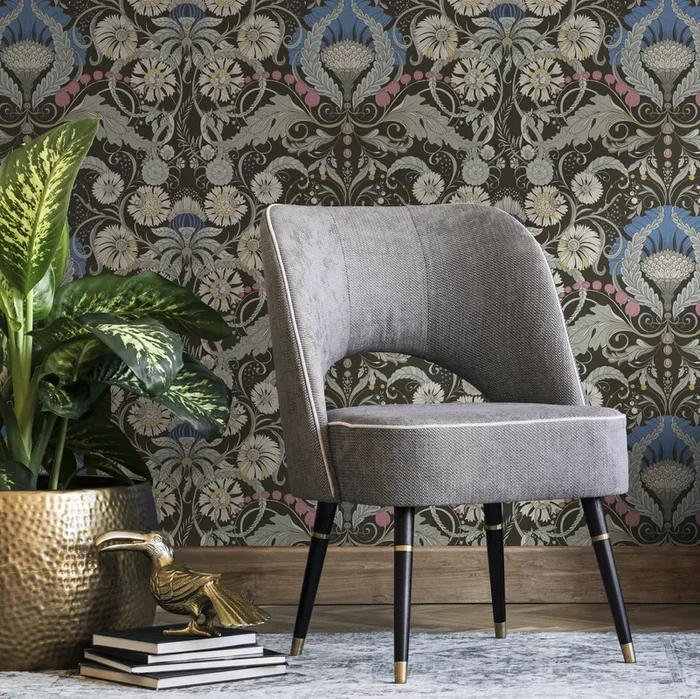 Art Nouveau Wallpaper With A Floral Damask Motif In Brown, Blue, And Pink – D407