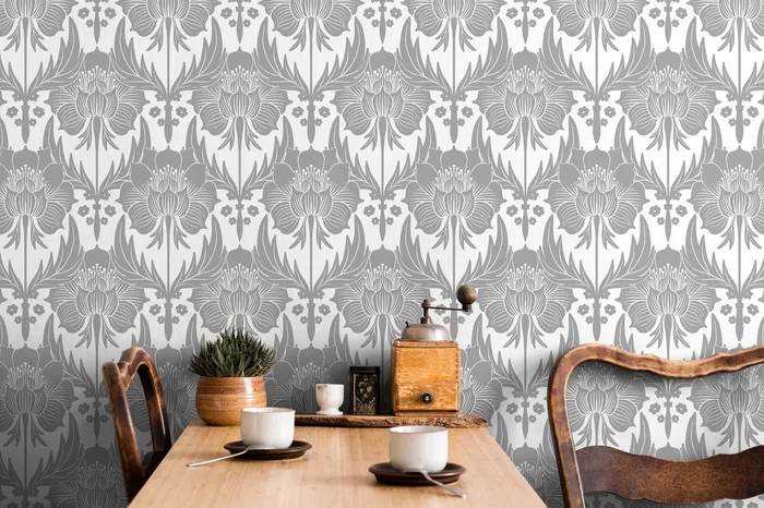 Art Nouveau Wallpaper With A Stylized Floral Damask Motif In Gray And White – X172