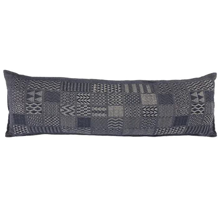 Artisan Hand Loomed Cotton Lumbar Pillow – Indigo Blocks – 16 “x48 “