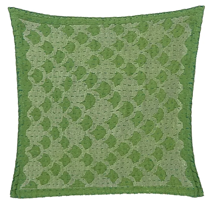 Artisan Hand Loomed Cotton Square Pillow – Green Ginkgo Design – 24 “