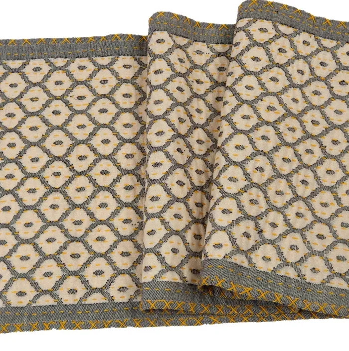 Artisan Hand Loomed Cotton Table Runner – Gray Yellow Stitching – 18 “x96 “