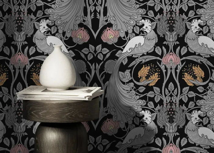 Arts And Crafts Wallpaper With A Bird And Pomegranate Motif In Gray, Pink, And Gold – D005