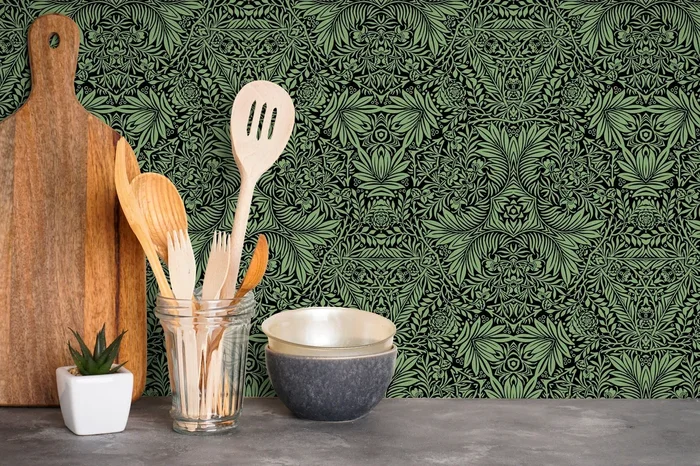 Arts And Crafts Wallpaper With An Intricate Vine Motif In Green And Black – X052