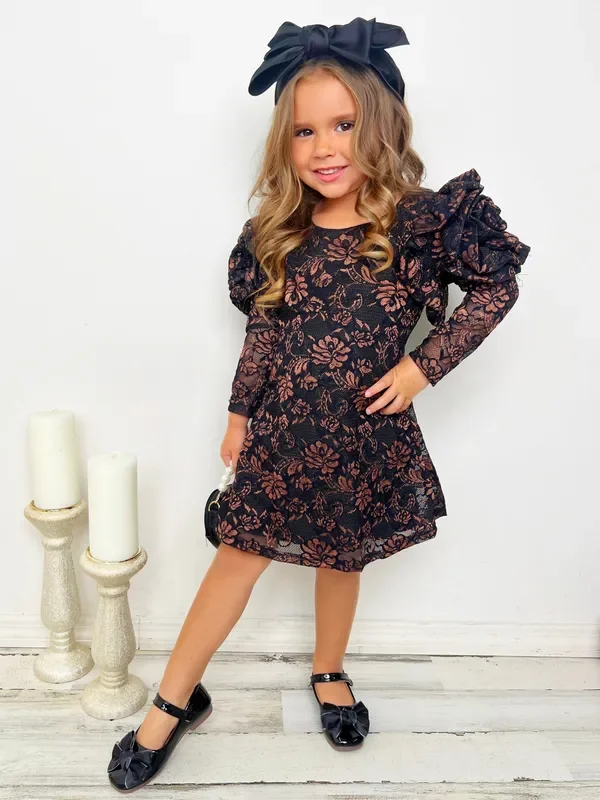 Autumn Blossom Rosette Sleeve Brown Floral Dress