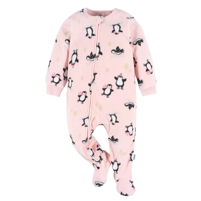 Baby & Toddler Girls Pink Penguins Footed Fleece Pajamas