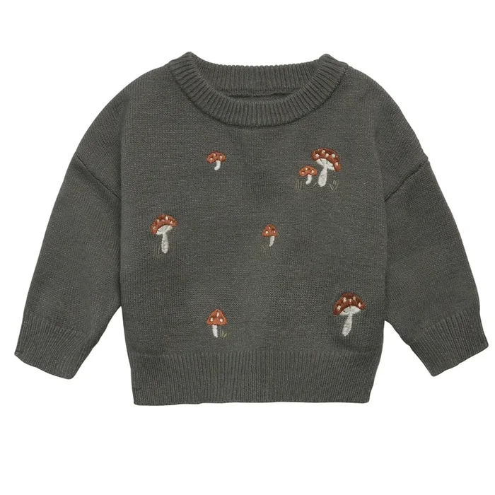 Baby Boys Dark Green Embroidered Mushrooms Viscose Sweater