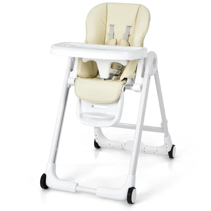 Baby Folding Convertible High Chair With Wheels and Adjustable Height-Beige
