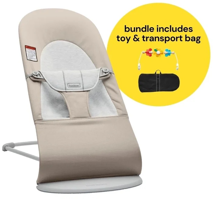 BabyBjorn Bouncer + Flying Friends Toy Bar + Transport Bag Bundle – Balance Soft, Cotton / Jersey Beige / Grey