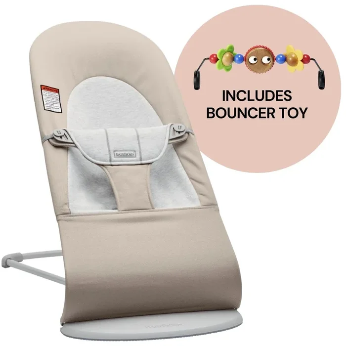 BabyBjorn Bouncer + Toy Bundle – Balance Soft (Cotton Jersey) Beige / Gray / Googly Eyes