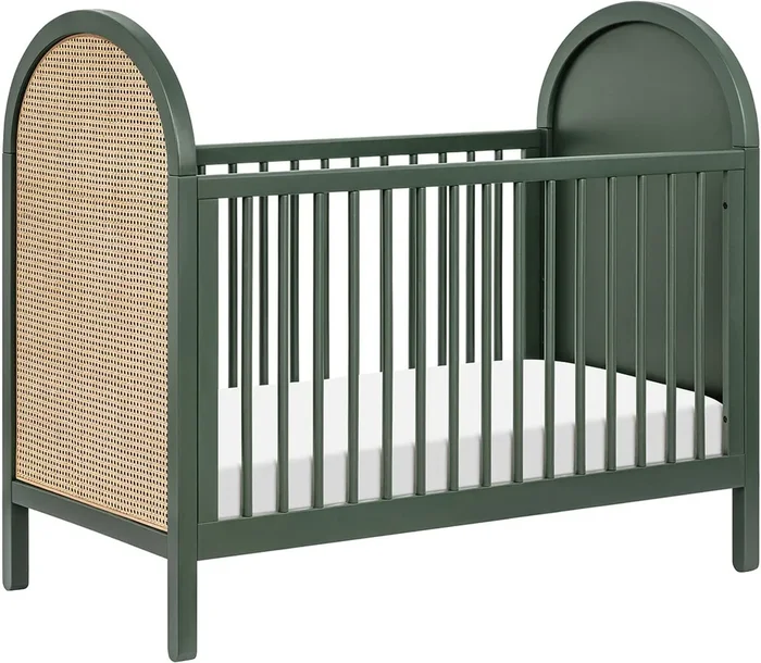 Babyletto Bondi Cane 3-in-1 Convertible Crib w/ Toddler Bed Conversion Kit – Forest Green / Natural Cane
