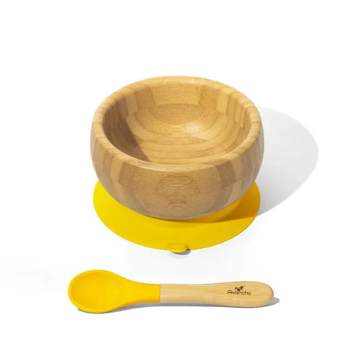 Bamboo & Silicone Baby Suction Bowl + Spoon – yellow