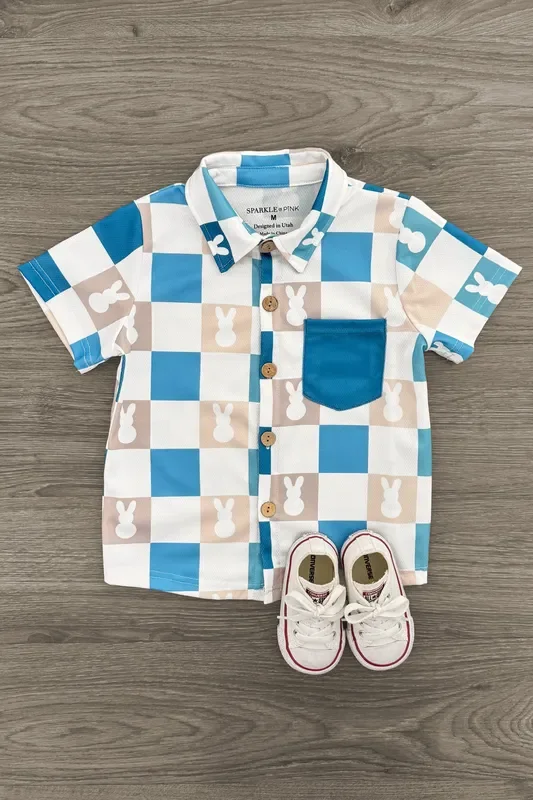 Blue Checkered Bunny Button Down