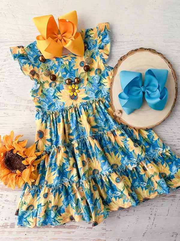 Blue Sunflower Tiered Twirl Dress (3-5t only)